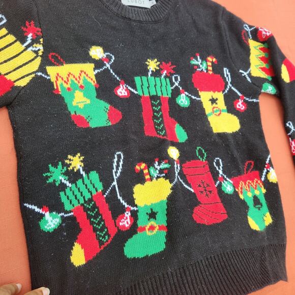 Lubot Woman’s UGLY Christmas Sweater W Stockings Size Small Black Green Red - Picture 2 of 7